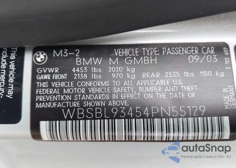 2004 BMW M3 из США, поврежденный, VIN WBSBL93454PN55129